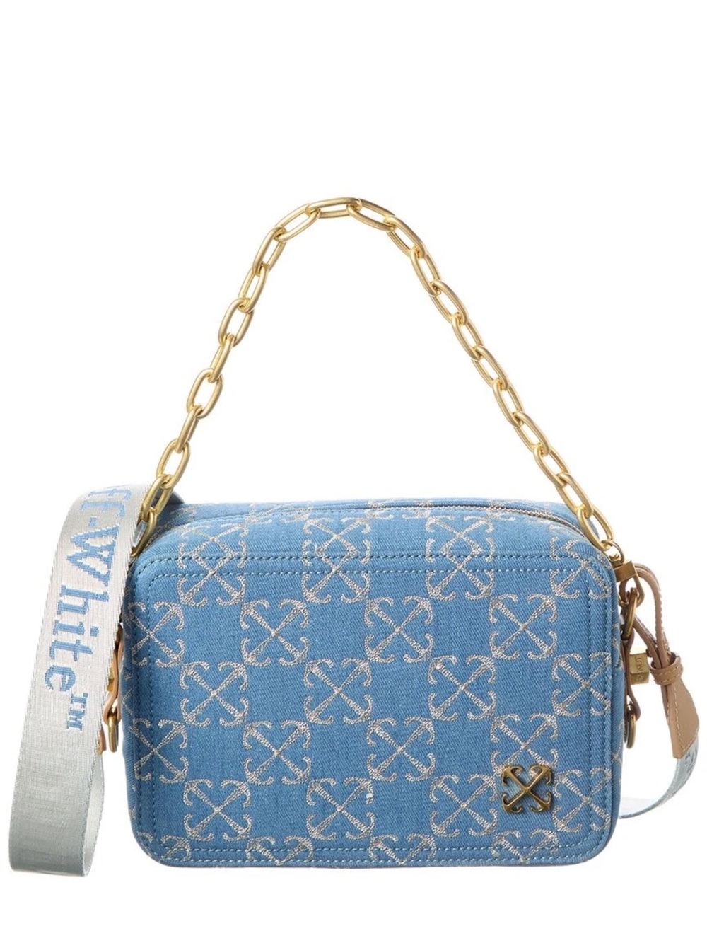 Off-White Blue Denim Monogram Purse with Gold Chain